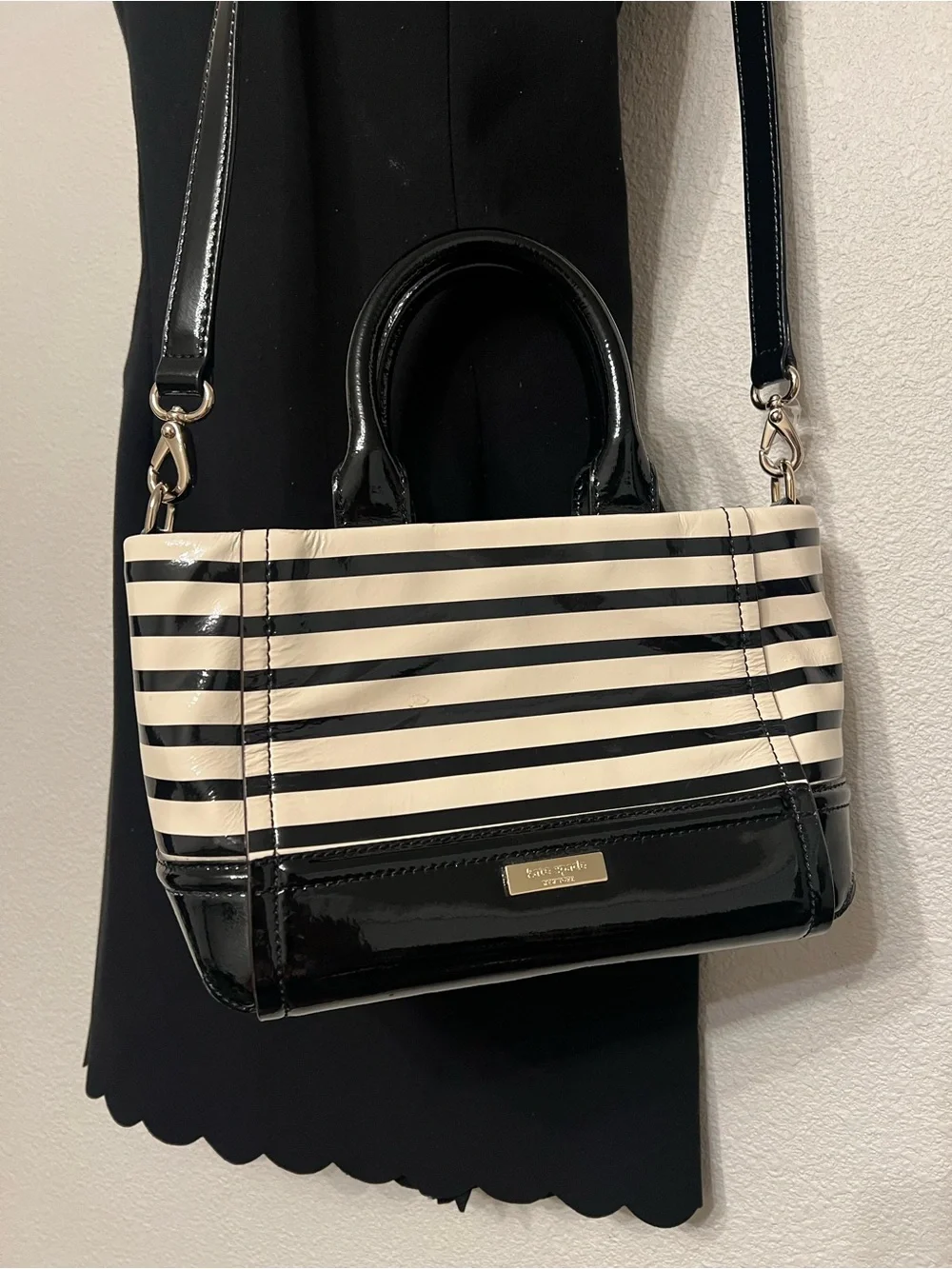 Kate Spade Black and White Striped Patent Leather Tote